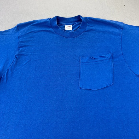 Vintage Blue Selvedge T-Shirt Adult Large Blank Pocket Fruit Of The Loom USA 80s - Picture 2 of 11